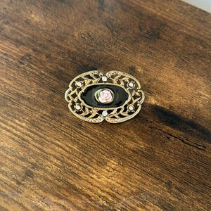 Vintage Victorian Style Brooch Black Enamel W Pink Rose Gold Tone Rhinestones